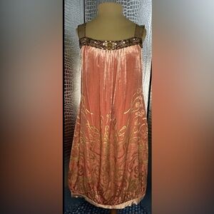 Rose Gold Burnout Rayon Silk Flapper Dress with Gold Scrollwork Beading Size 8